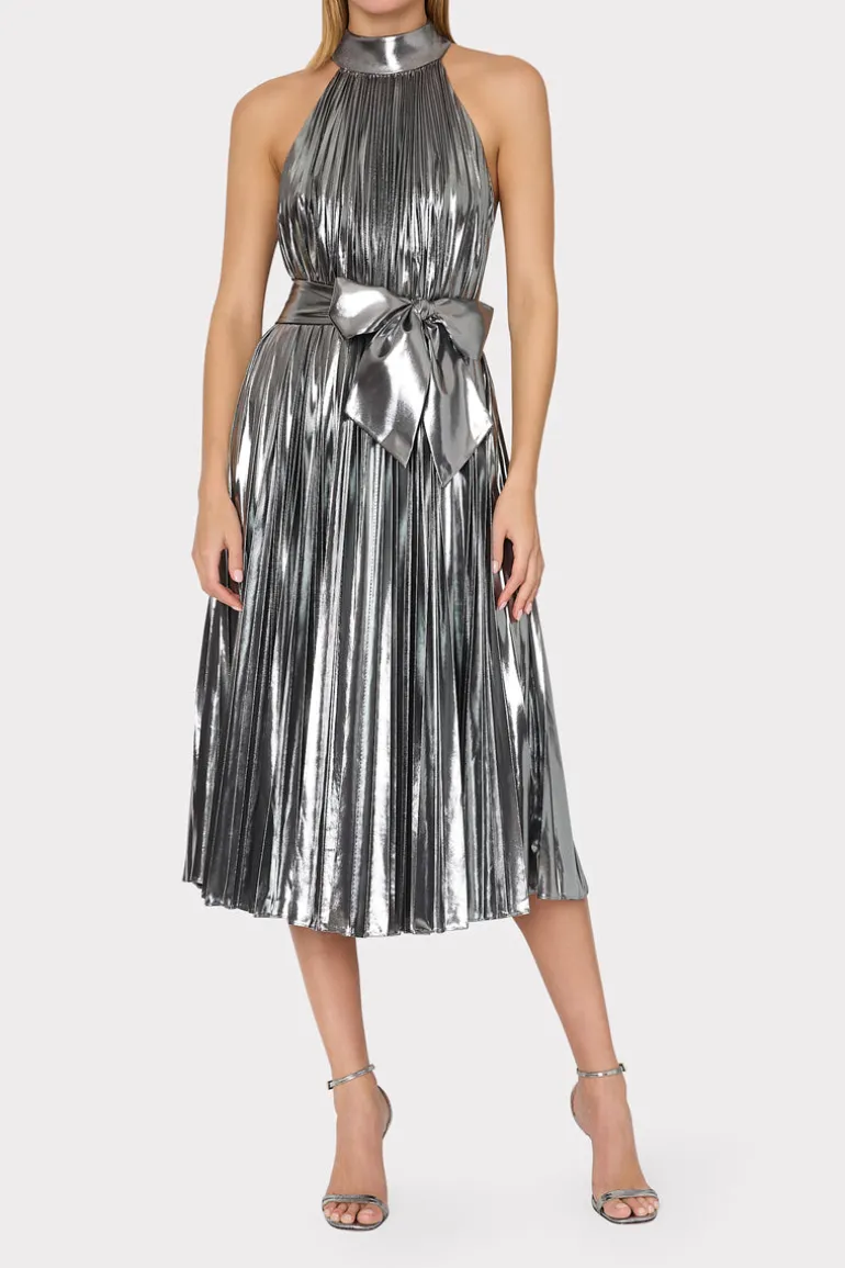 idena_pleated_lam_halter__1.webp Cheap MILLY Idena Pleated Lamé Halter Dress Silver