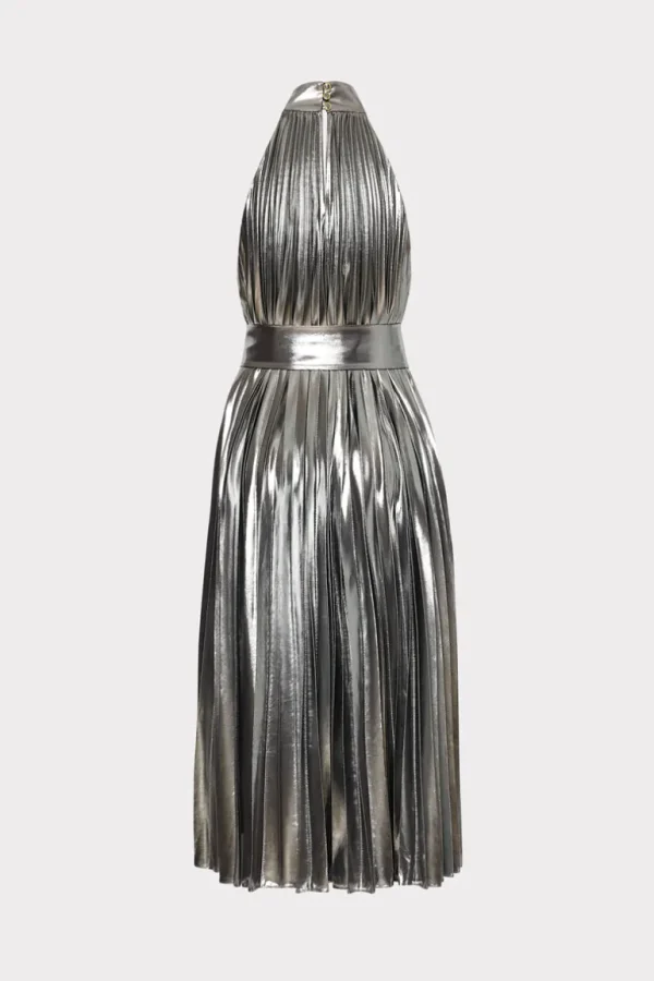 Cheap MILLY Idena Pleated Lamé Halter Dress Silver