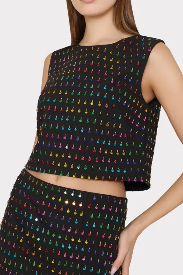 Store MILLY Iiana Beaded Sequin Sleeveless Top Black/Rainbow