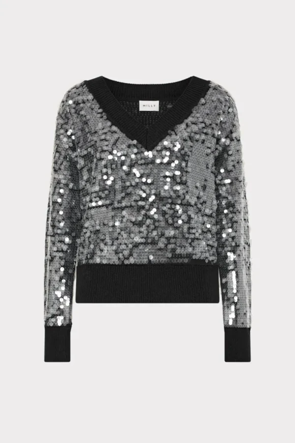 Outlet MILLY Ilaria Sequin V-Neck Sweater Black