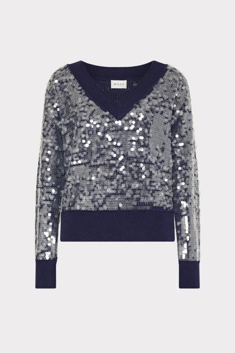 ilaria_sequin_vneck_sweat_0-2.webp Hot MILLY Ilaria Sequin V-Neck Sweater Navy