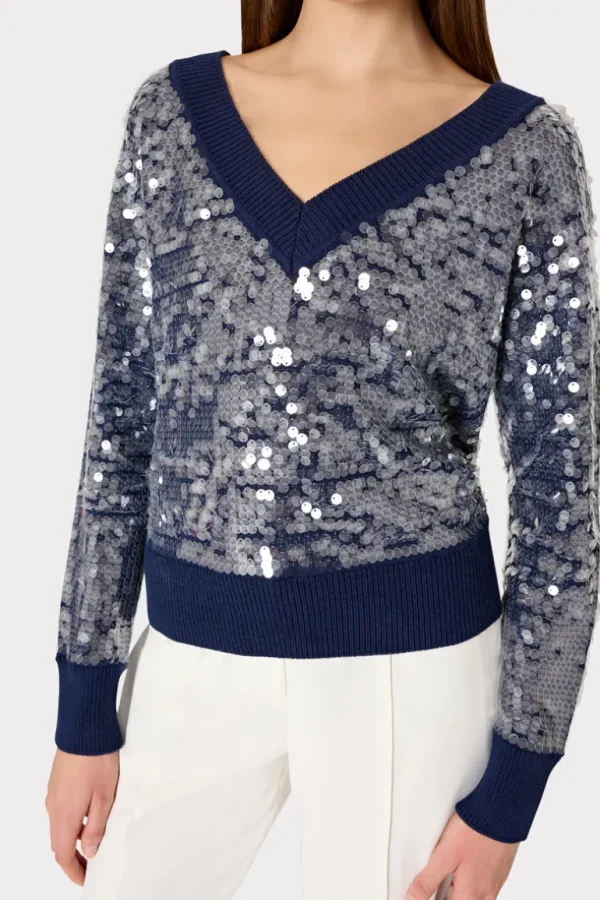 Hot MILLY Ilaria Sequin V-Neck Sweater Navy