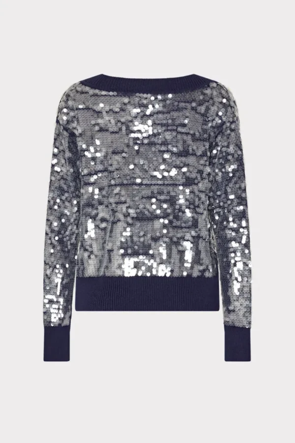 Hot MILLY Ilaria Sequin V-Neck Sweater Navy
