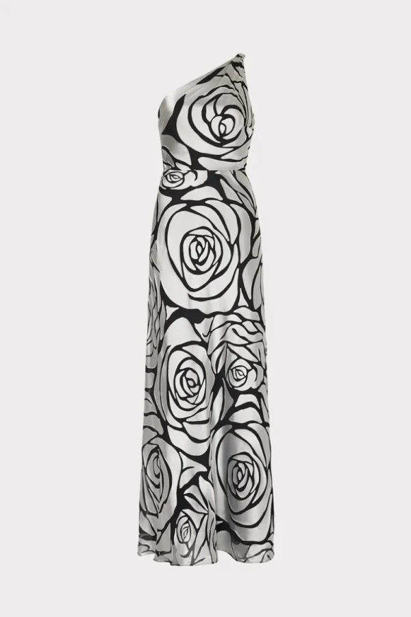 Online MILLY Isley One Shoulder Rose Chiffon Devore Dress Silver/Black