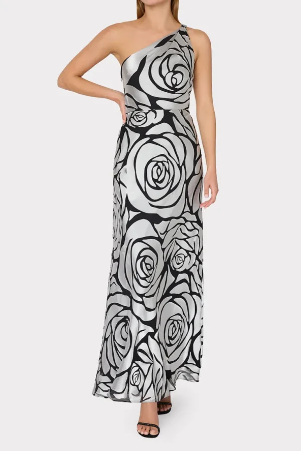 Online MILLY Isley One Shoulder Rose Chiffon Devore Dress Silver/Black