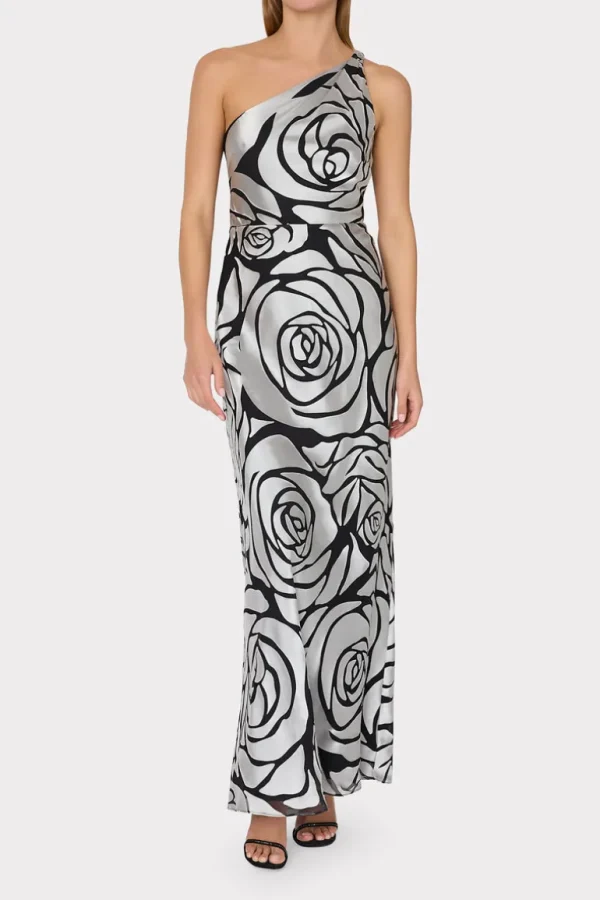 Online MILLY Isley One Shoulder Rose Chiffon Devore Dress Silver/Black