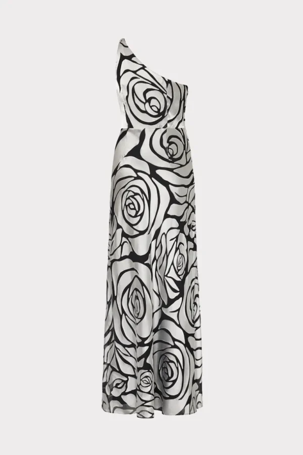 Online MILLY Isley One Shoulder Rose Chiffon Devore Dress Silver/Black