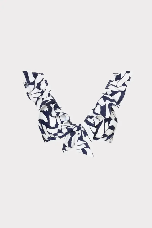 Flash Sale MILLY Italian Graphic Brushstroke Ruffle Bikini Top Navy/Ecru
