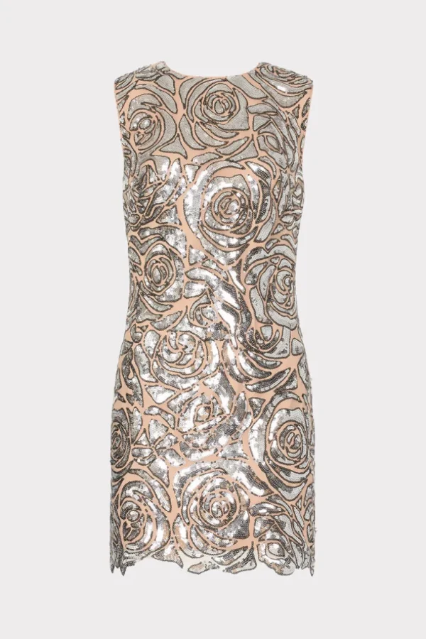 Fashion MILLY Ivette Rose Sequins Shift Mini Dress Silver
