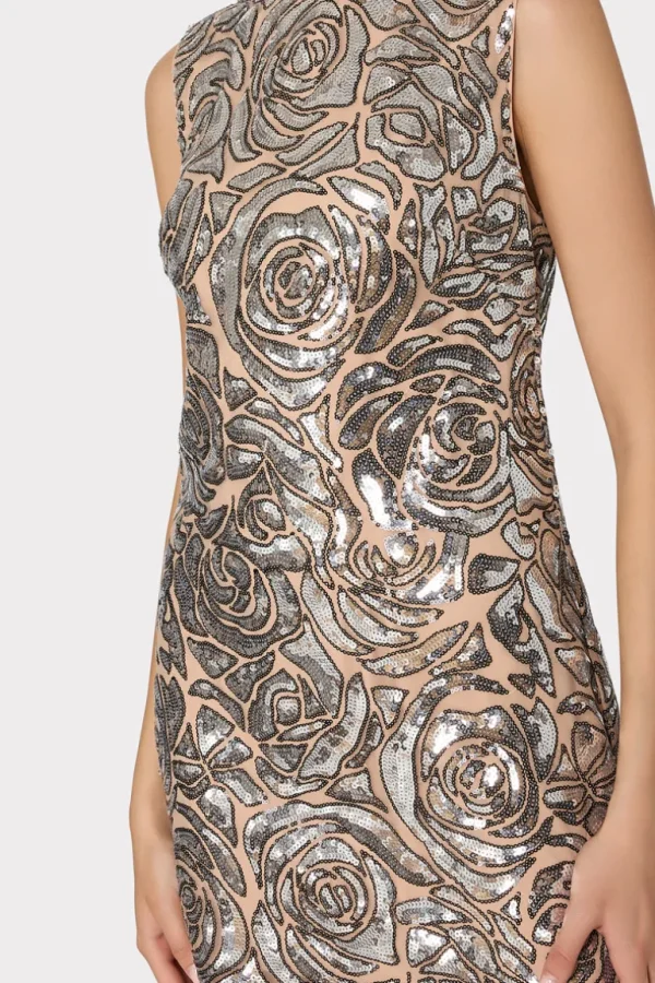 Fashion MILLY Ivette Rose Sequins Shift Mini Dress Silver