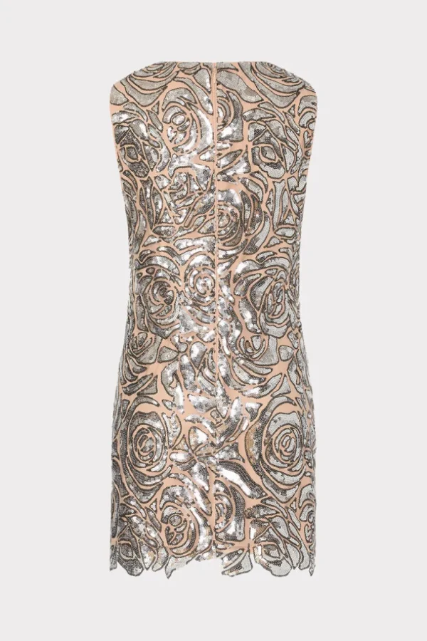 Fashion MILLY Ivette Rose Sequins Shift Mini Dress Silver