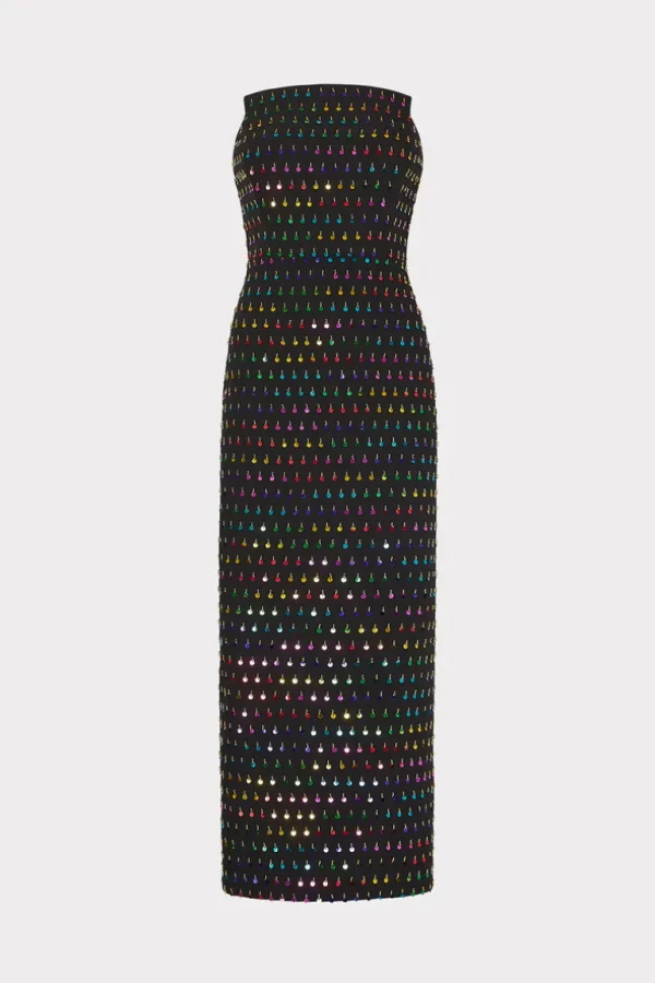 Fashion MILLY Izabela Beaded Sequin Column Dress Black/Rainbow
