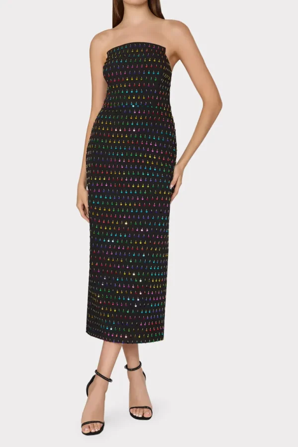 Fashion MILLY Izabela Beaded Sequin Column Dress Black/Rainbow