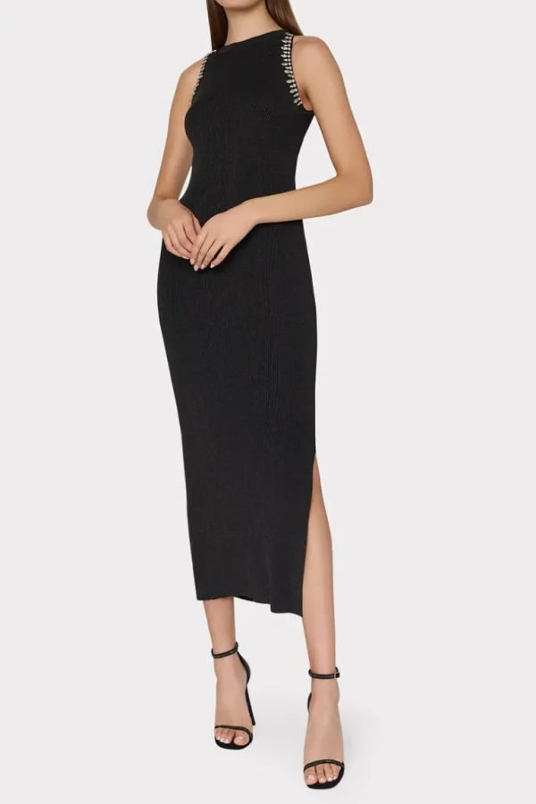 Hot MILLY Izel Embellished Halter Knit Midi Dress Metallic Black