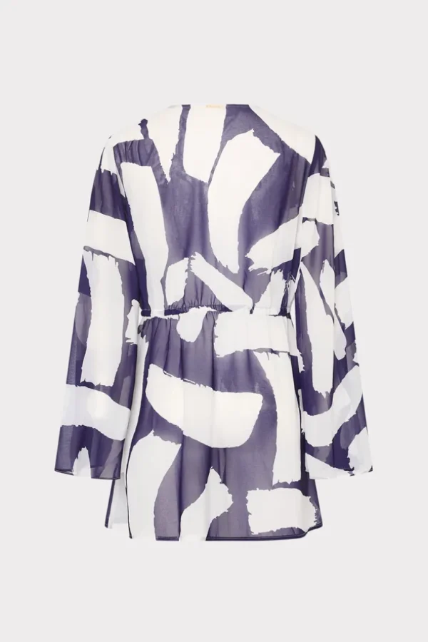 Cheap MILLY Jessie Graphic Brushstroke Chiffon Cover-Up Navy/Ecru