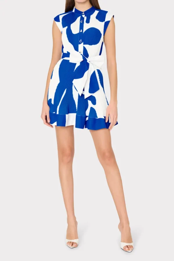 Sale MILLY Joan Grand Foliage Pleated Dress Blue/White