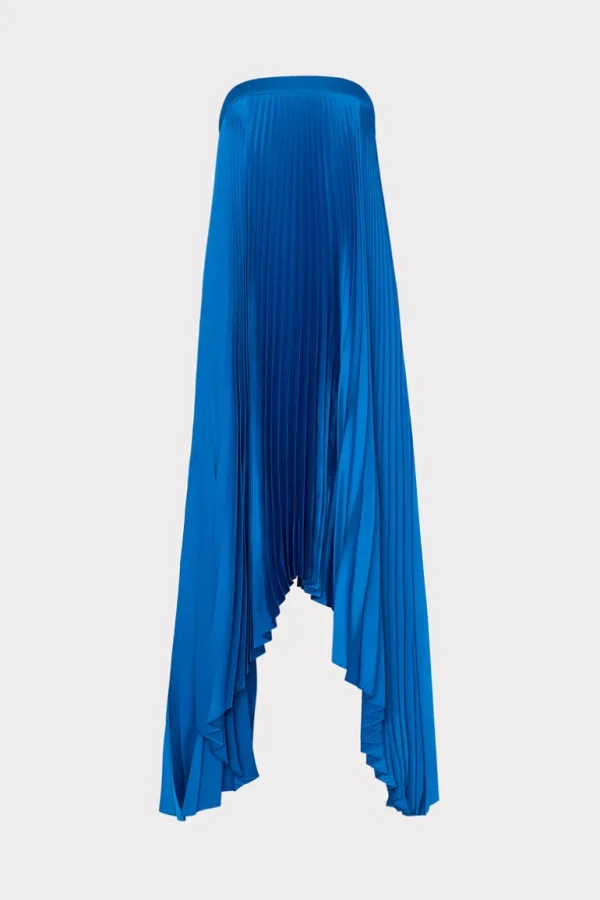 Outlet MILLY Jordyn Satin Pleated Strapless Dress Blue