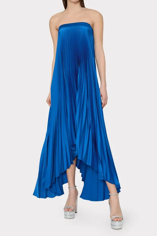 Outlet MILLY Jordyn Satin Pleated Strapless Dress Blue