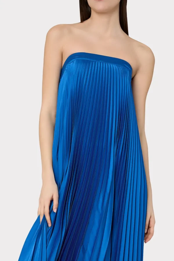 Outlet MILLY Jordyn Satin Pleated Strapless Dress Blue