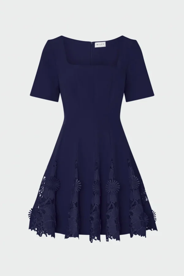 Clearance MILLY Joy Lace Combo Mini Godet Dress Navy