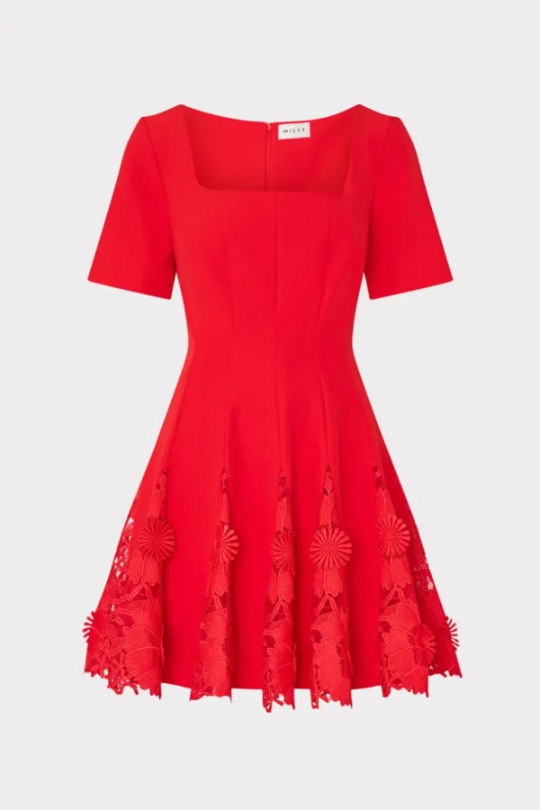 New MILLY Joy Lace Combo Mini Godet Dress Red