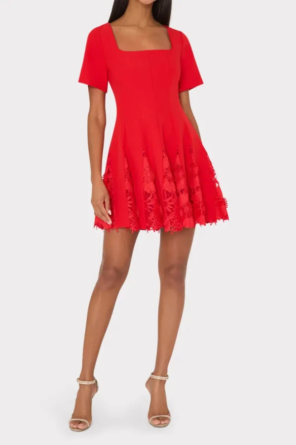 New MILLY Joy Lace Combo Mini Godet Dress Red