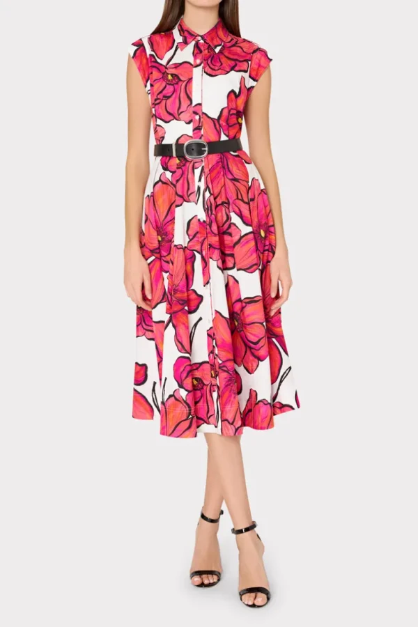 Best Sale MILLY Jules Windflower Pastel Poplin Midi Dress Coral Multi