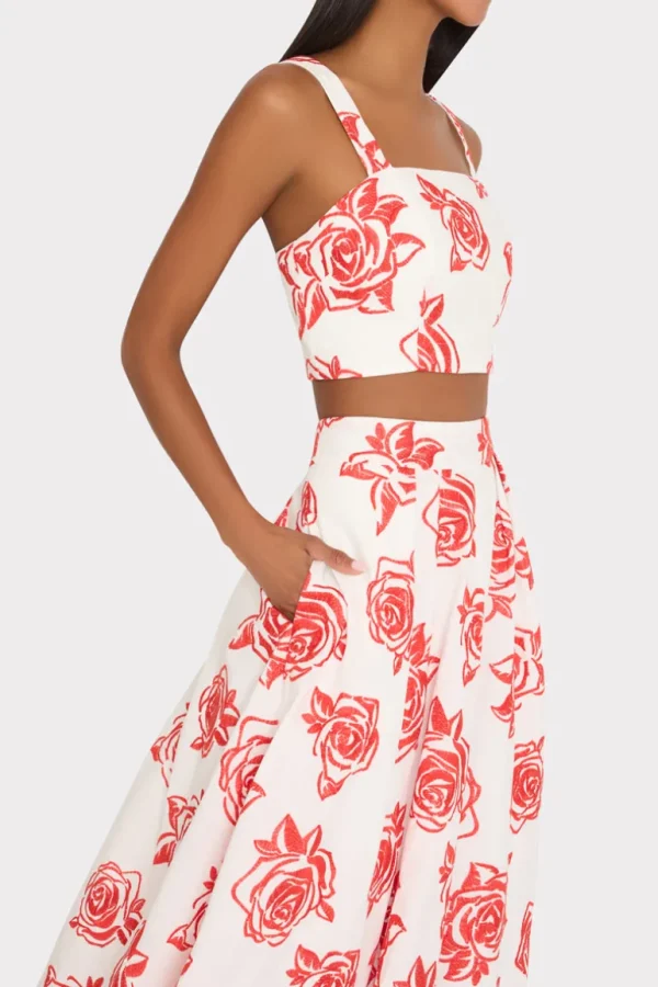 Best MILLY Juliet Rose Embroidery Midi Skirt Red/White