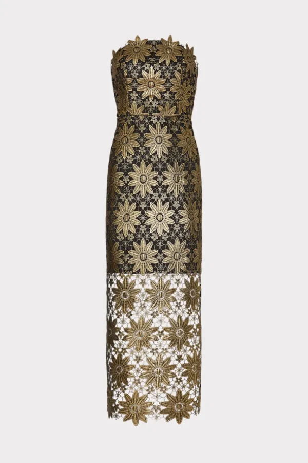 Clearance MILLY Kait Lace Midi Dress Gold