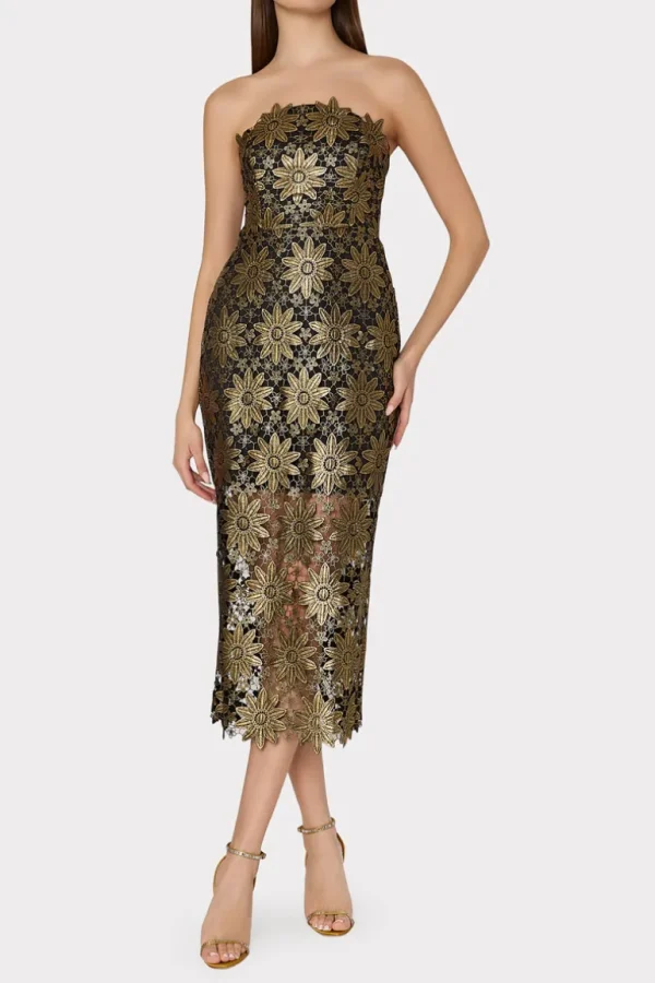 Clearance MILLY Kait Lace Midi Dress Gold