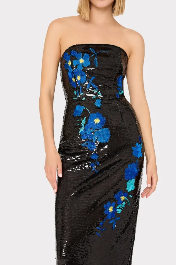 Best MILLY Kait Vines Of Floral Sequins Dress Black/Blue