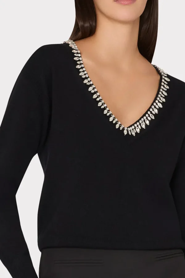 Cheap MILLY Kalia Crystal V-Neck Sweater Black