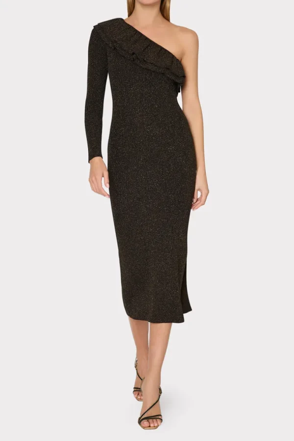 Shop MILLY Kelly One Shoulder Ruffle Knit Midi Dress Gold