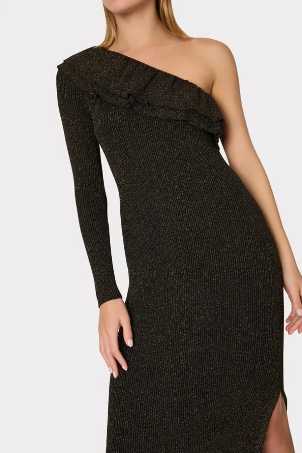 Shop MILLY Kelly One Shoulder Ruffle Knit Midi Dress Gold