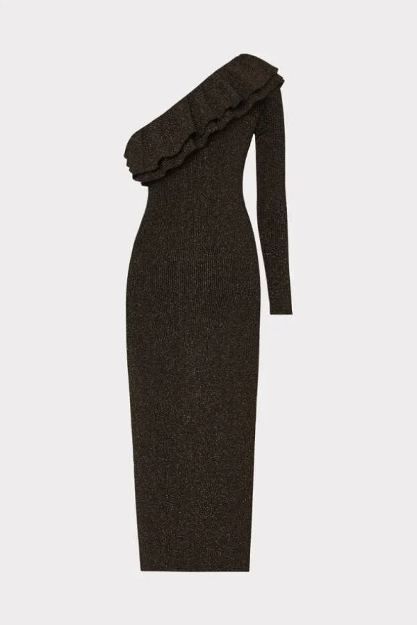 Shop MILLY Kelly One Shoulder Ruffle Knit Midi Dress Gold