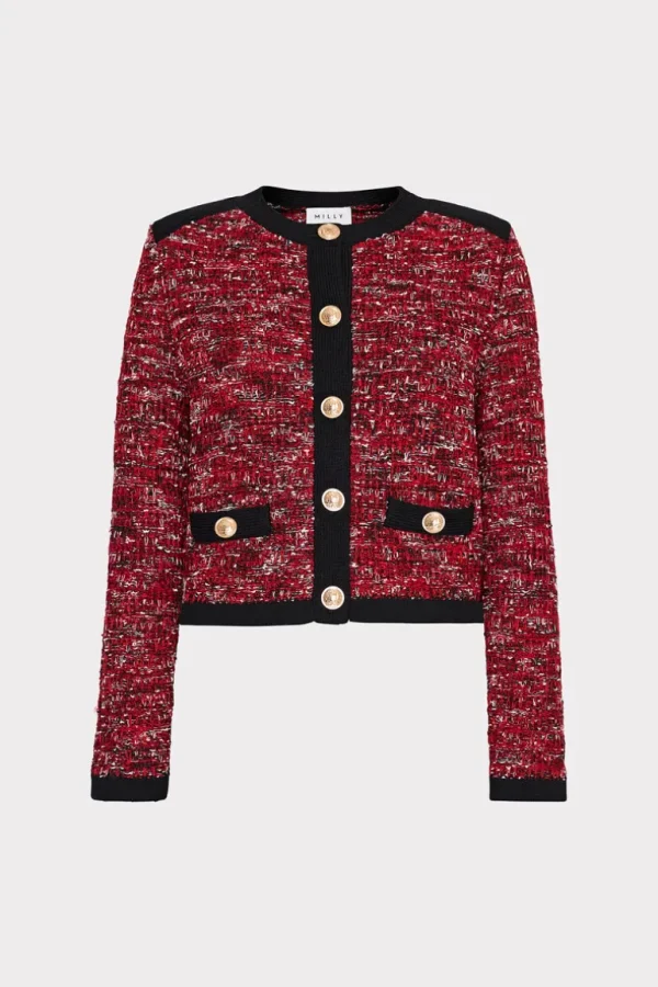 Fashion MILLY Kelly Textured Knit Cardigan Claret