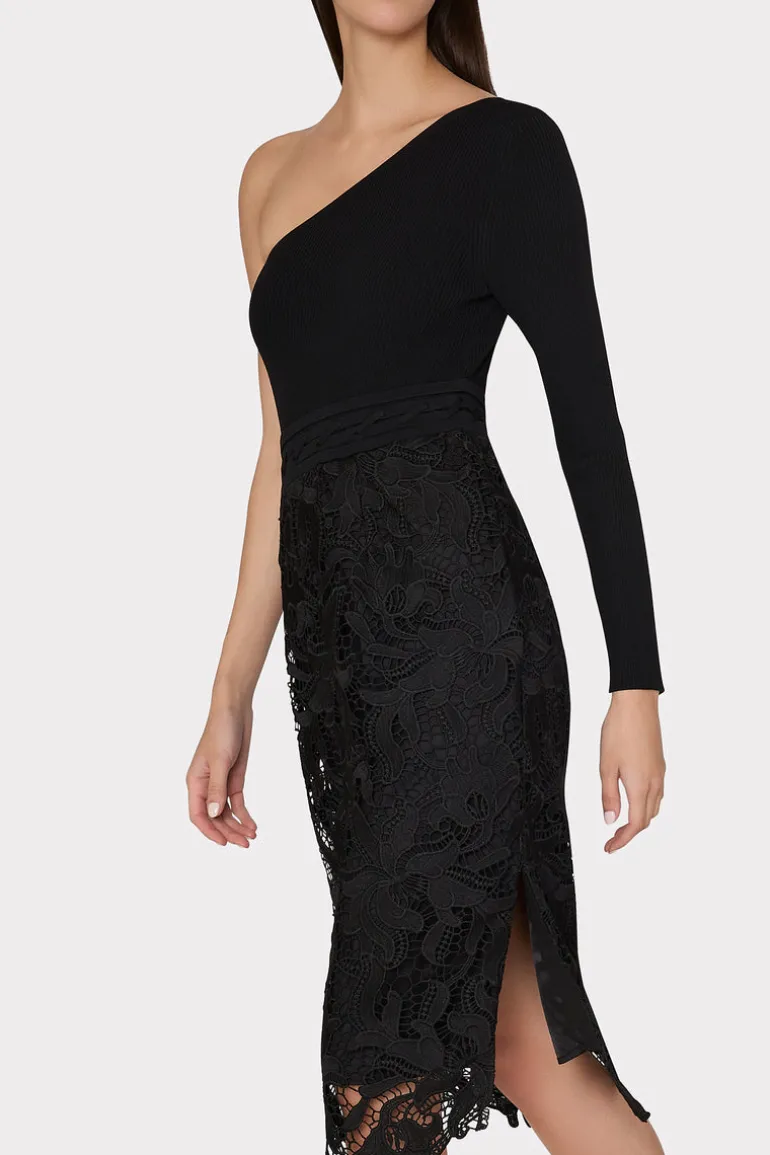 kingsley_one_shoulder_com_2.webp Clearance MILLY Kingsley One Shoulder Combo Knit Midi Dress Black