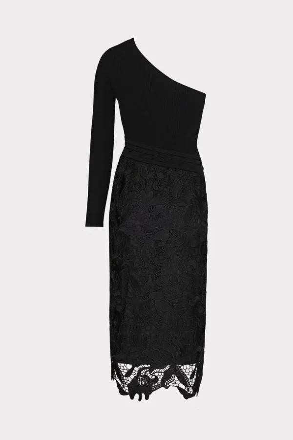 Clearance MILLY Kingsley One Shoulder Combo Knit Midi Dress Black