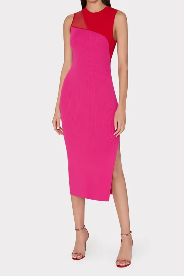 Outlet MILLY Kyle Color Block Knit Midi Dress Pink Multi
