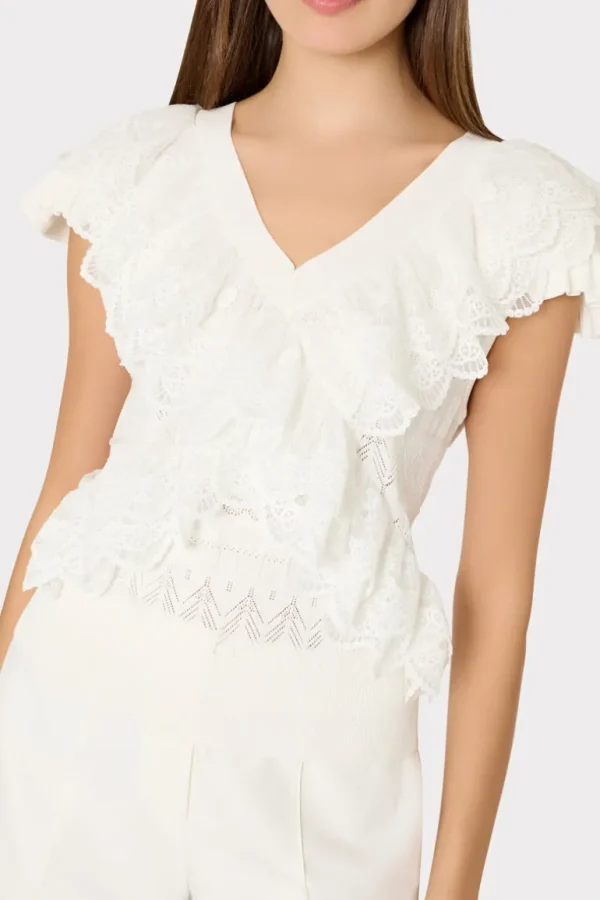 Fashion MILLY Lace Ruffle Knit V-Neck Top Ecru