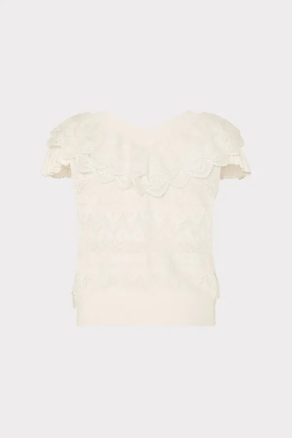 Fashion MILLY Lace Ruffle Knit V-Neck Top Ecru
