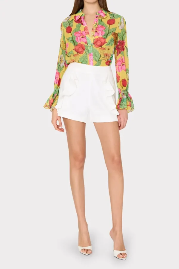 New MILLY Lacey Tulip Rosette Blouse Yellow Multi