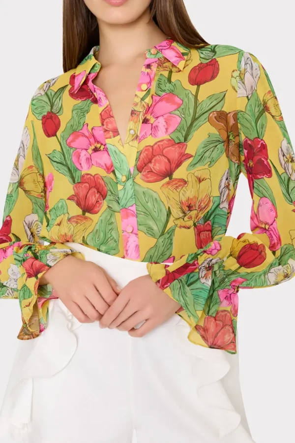 New MILLY Lacey Tulip Rosette Blouse Yellow Multi
