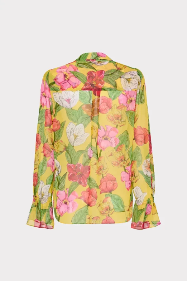 New MILLY Lacey Tulip Rosette Blouse Yellow Multi
