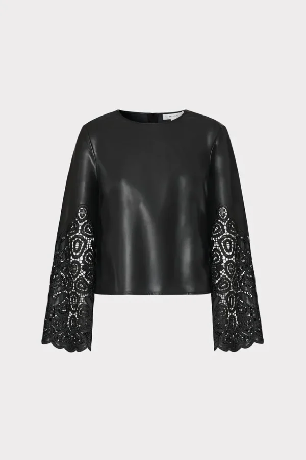 Shop MILLY Lara Vegan Leather Long Sleeve Top Black