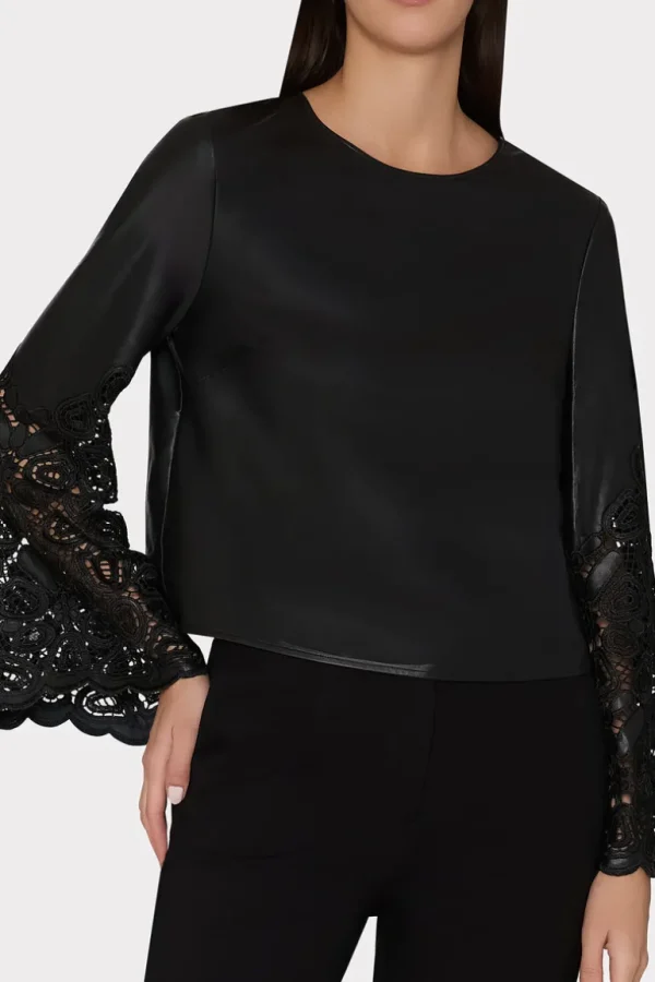 Shop MILLY Lara Vegan Leather Long Sleeve Top Black