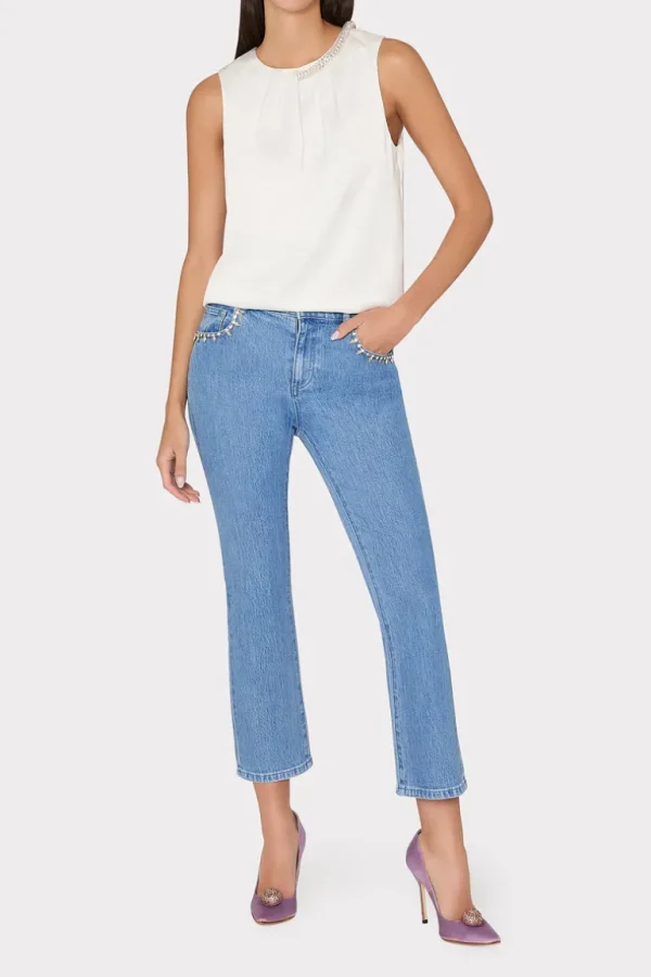 Shop MILLY Lily Satin Crystal Embellished Top Ecru