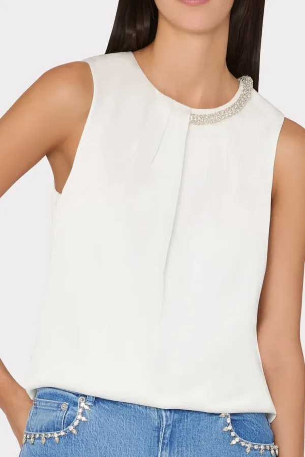 Shop MILLY Lily Satin Crystal Embellished Top Ecru