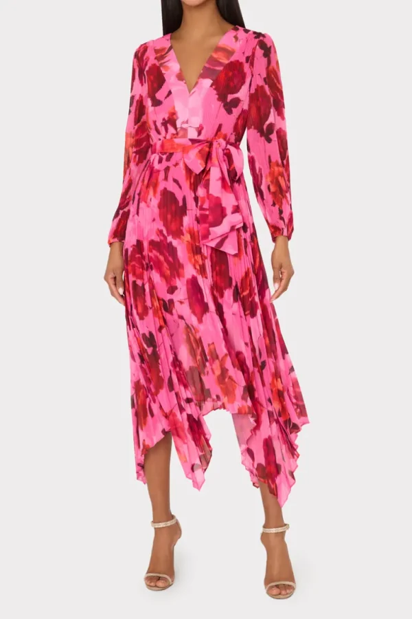 Store MILLY Liora Blurred Blossom Pleated Dress Pink Multi
