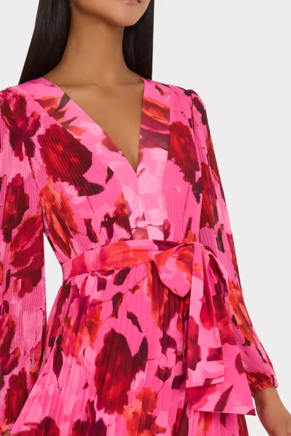 Store MILLY Liora Blurred Blossom Pleated Dress Pink Multi